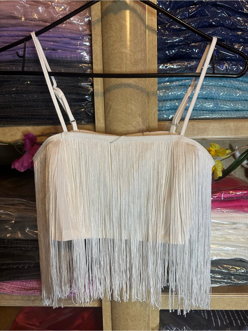 Main Strip White Fringe Spaghetti Strap Crop Camisole
